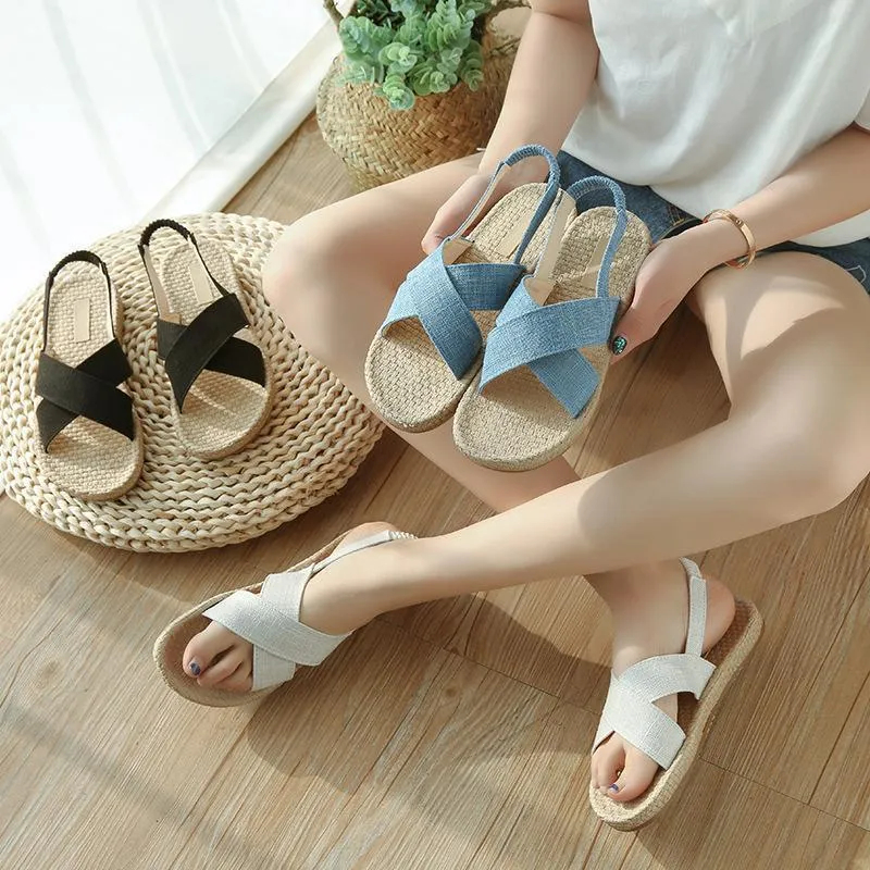 Beach Open Toe Linen Flat Sandals