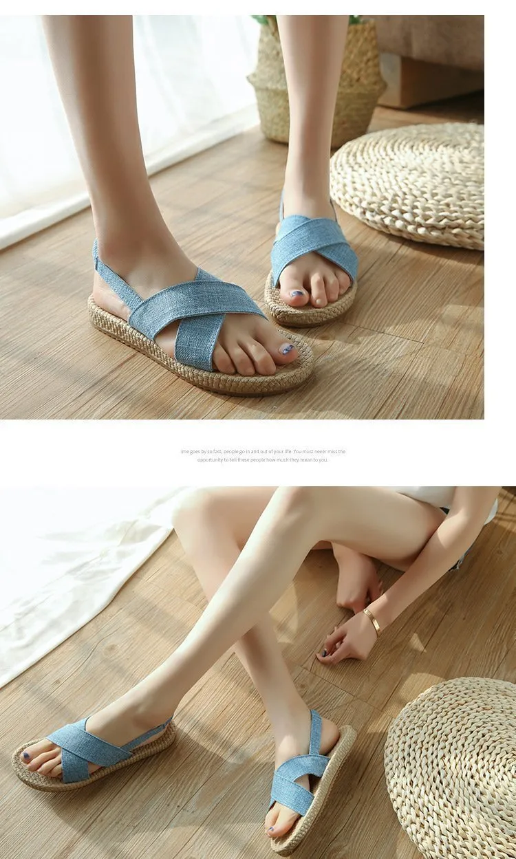 Beach Open Toe Linen Flat Sandals