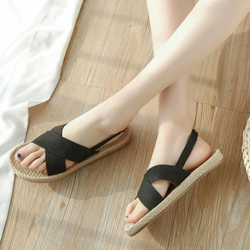 Beach Open Toe Linen Flat Sandals