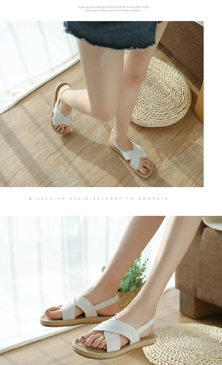 Beach Open Toe Linen Flat Sandals