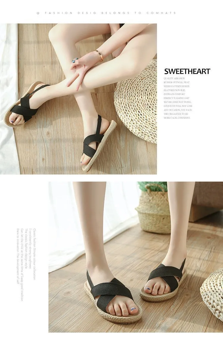 Beach Open Toe Linen Flat Sandals