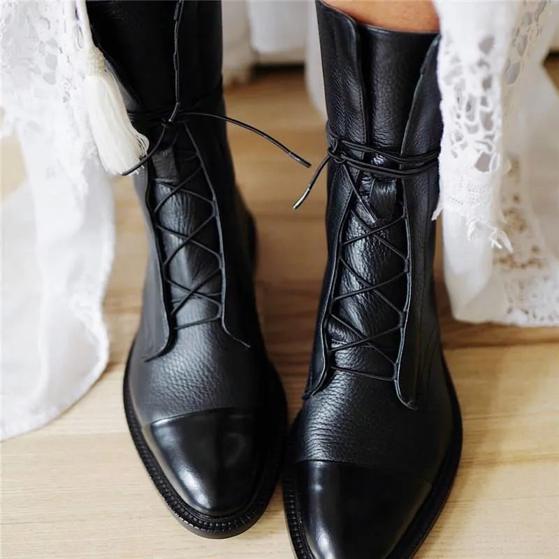 Black Leather Low Heel Martin Boots