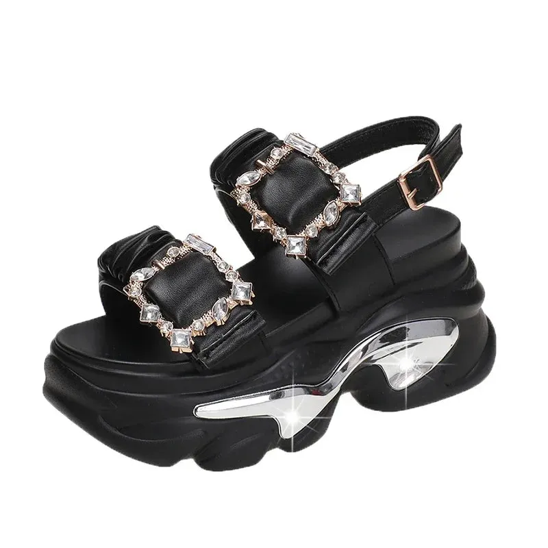 Bling Rhinestones Double Buckle Platform Sandals