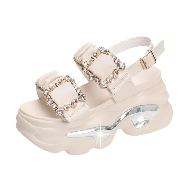 Bling Rhinestones Double Buckle Platform Sandals