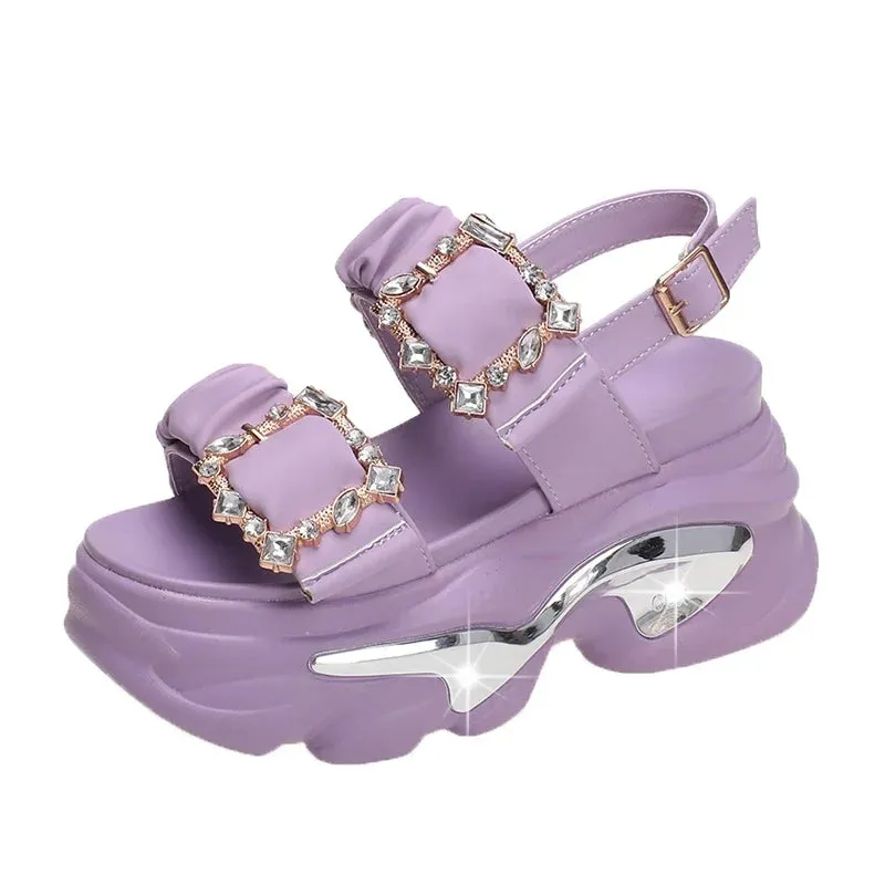 Bling Rhinestones Double Buckle Platform Sandals