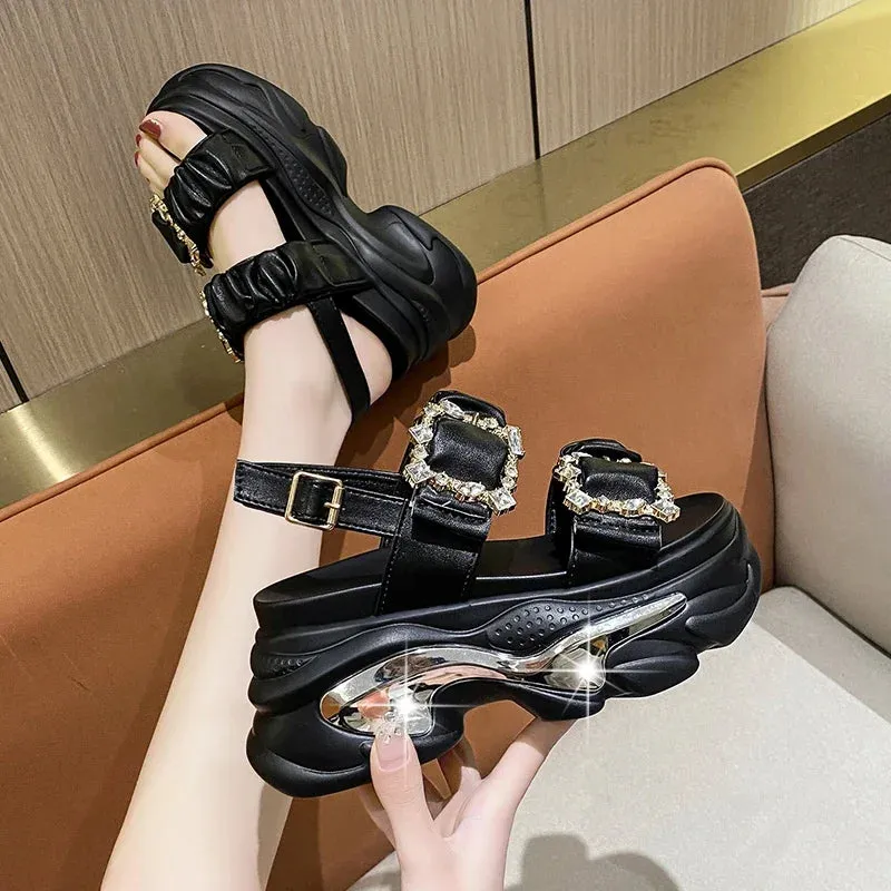 Bling Rhinestones Double Buckle Platform Sandals