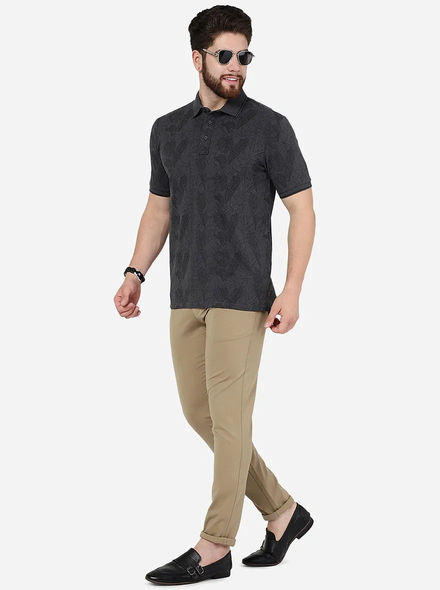 Dark Grey Printed Slim Fit Polo T-Shirt | JadeBlue