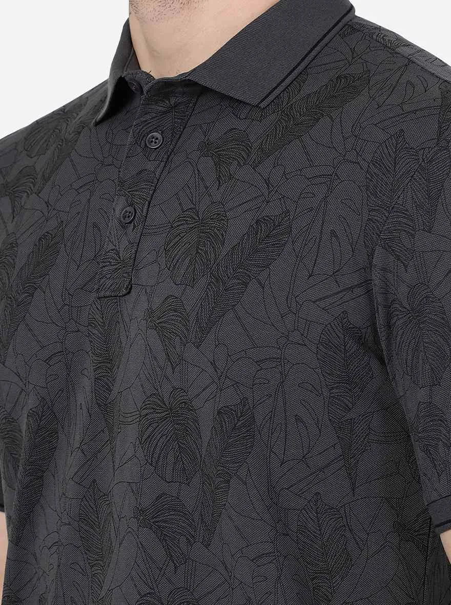 Dark Grey Printed Slim Fit Polo T-Shirt | JadeBlue