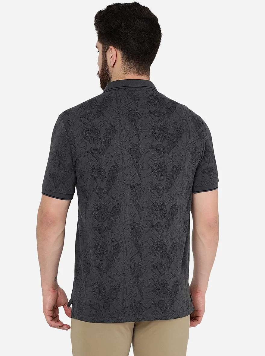 Dark Grey Printed Slim Fit Polo T-Shirt | JadeBlue