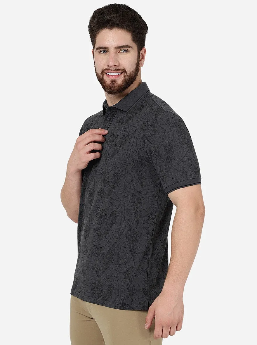 Dark Grey Printed Slim Fit Polo T-Shirt | JadeBlue