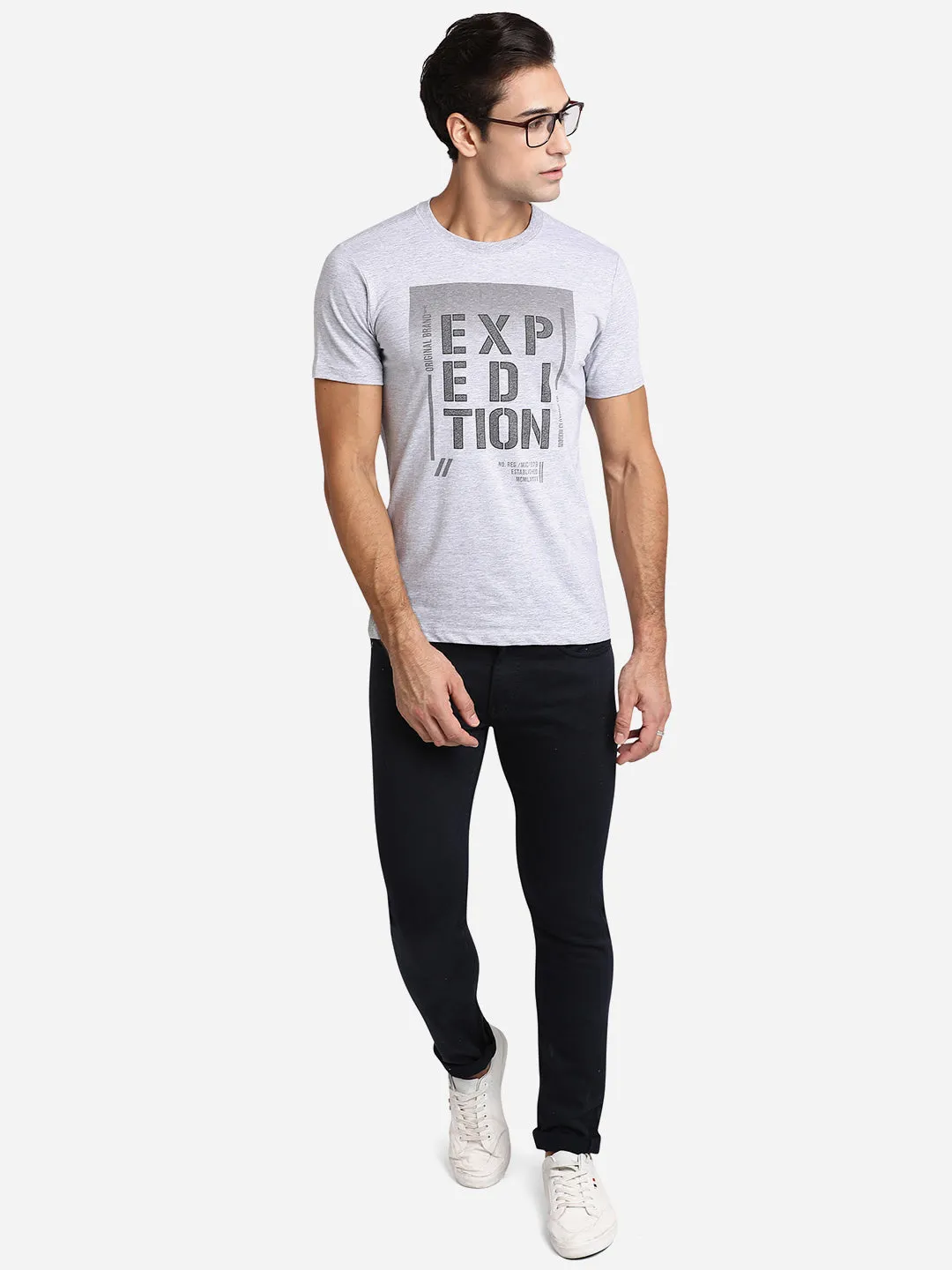 Grey Printed Slim Fit T-Shirt | Greenfibre