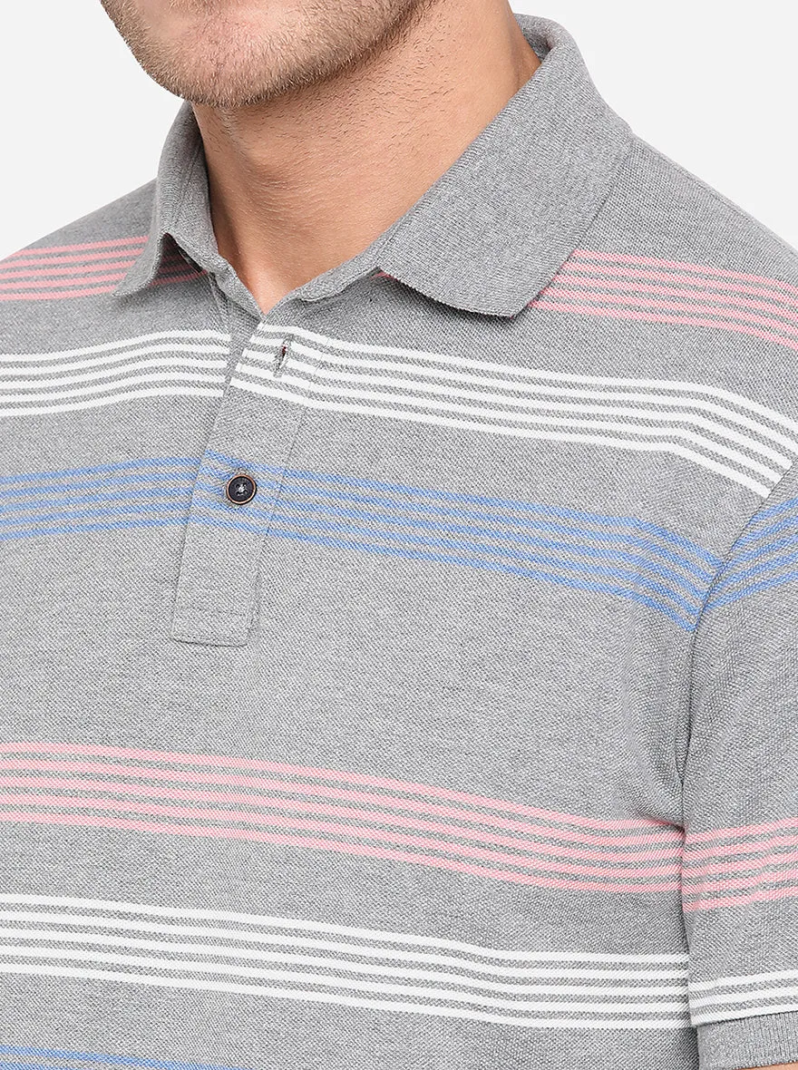 Grey Striped Slim Fit Polo T-Shirt | JadeBlue