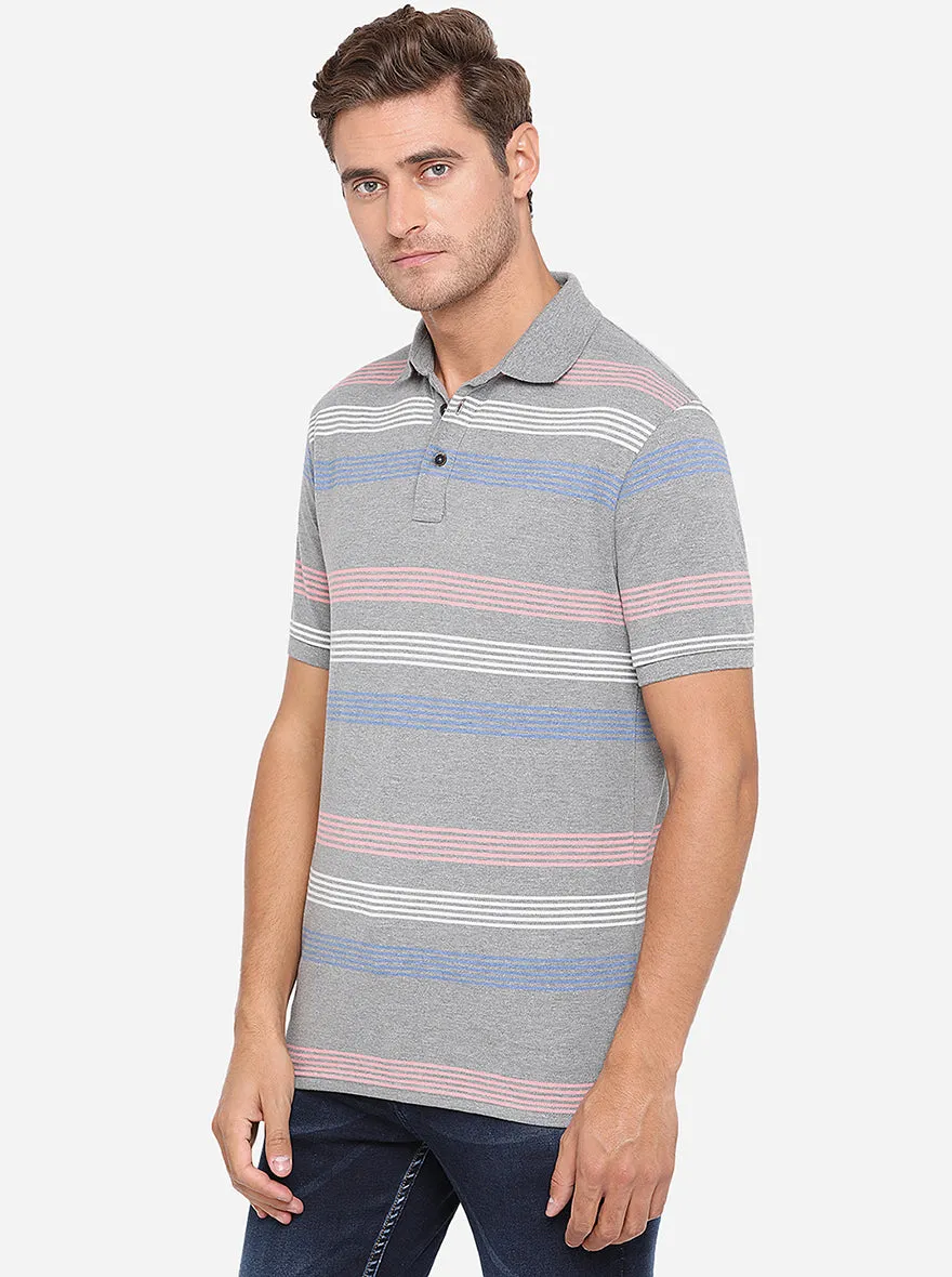 Grey Striped Slim Fit Polo T-Shirt | JadeBlue