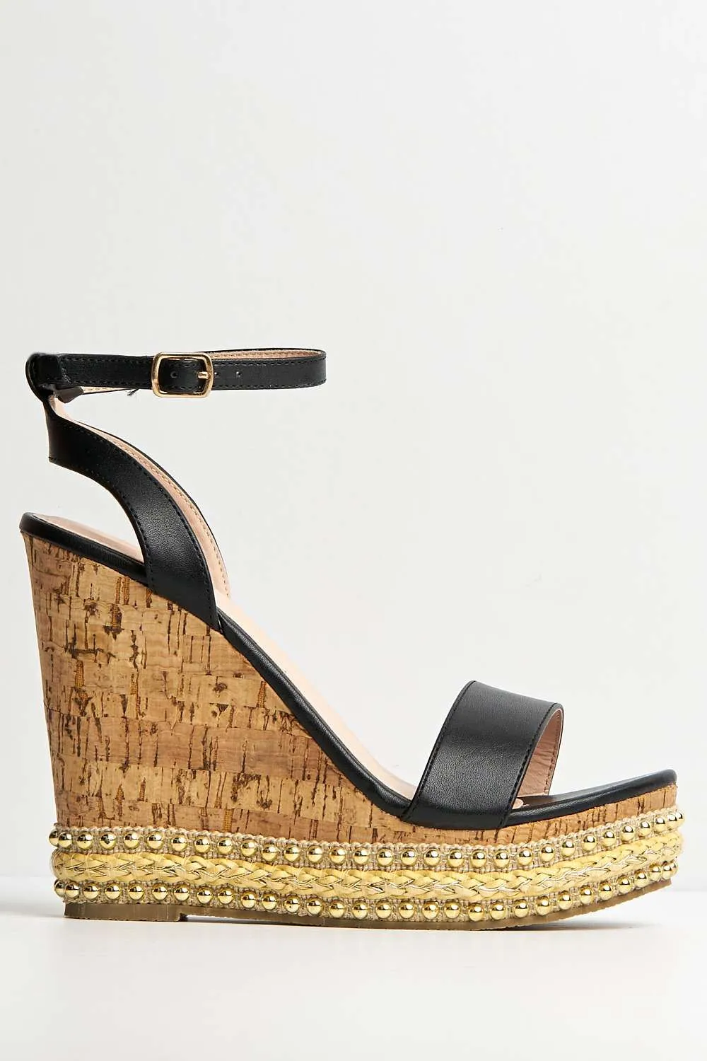 Junee Pearl Trim High Wedge Sandals in Black Matt