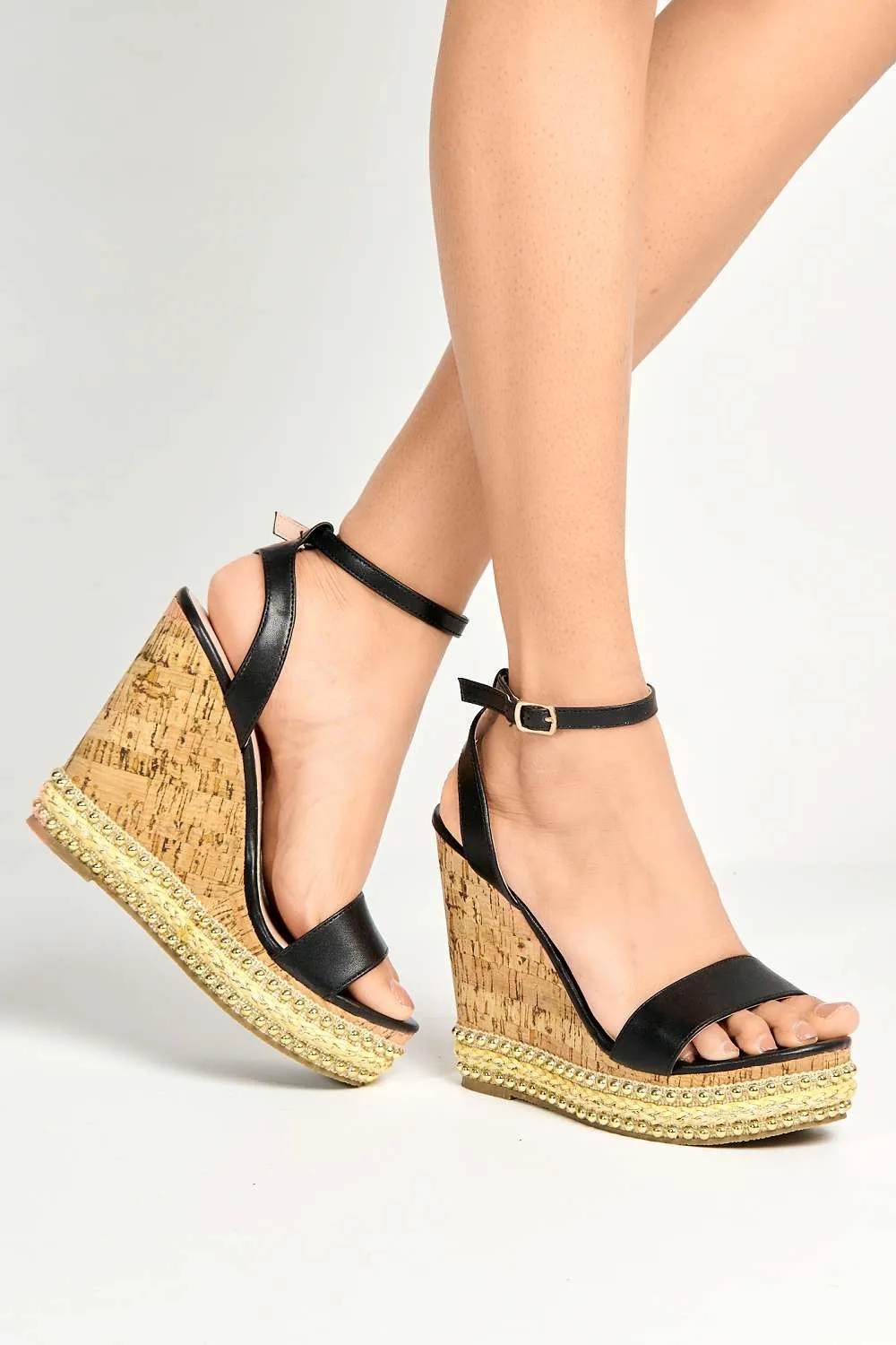 Junee Pearl Trim High Wedge Sandals in Black Matt