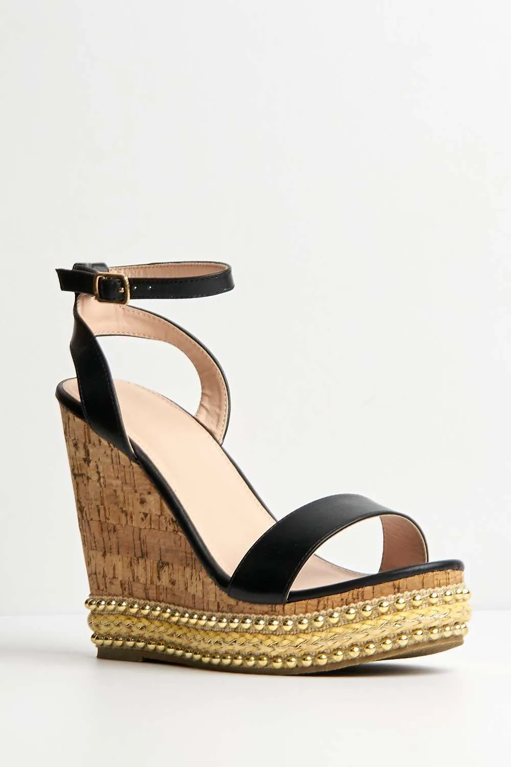 Junee Pearl Trim High Wedge Sandals in Black Matt