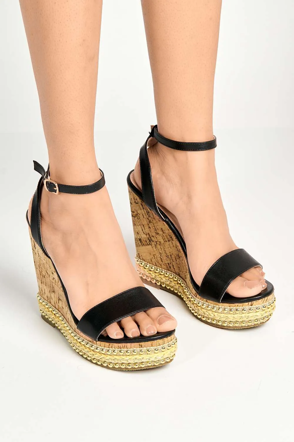 Junee Pearl Trim High Wedge Sandals in Black Matt