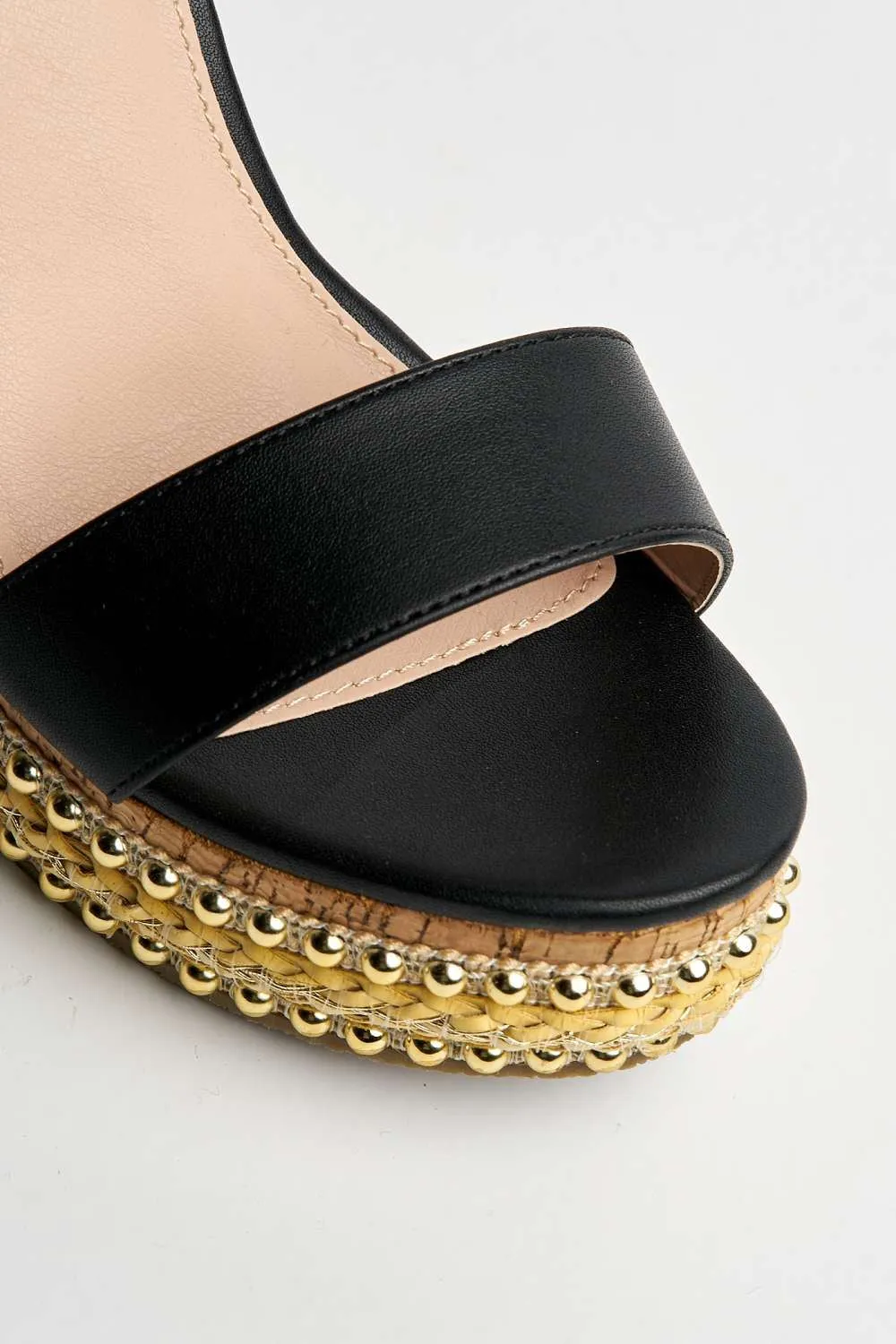 Junee Pearl Trim High Wedge Sandals in Black Matt