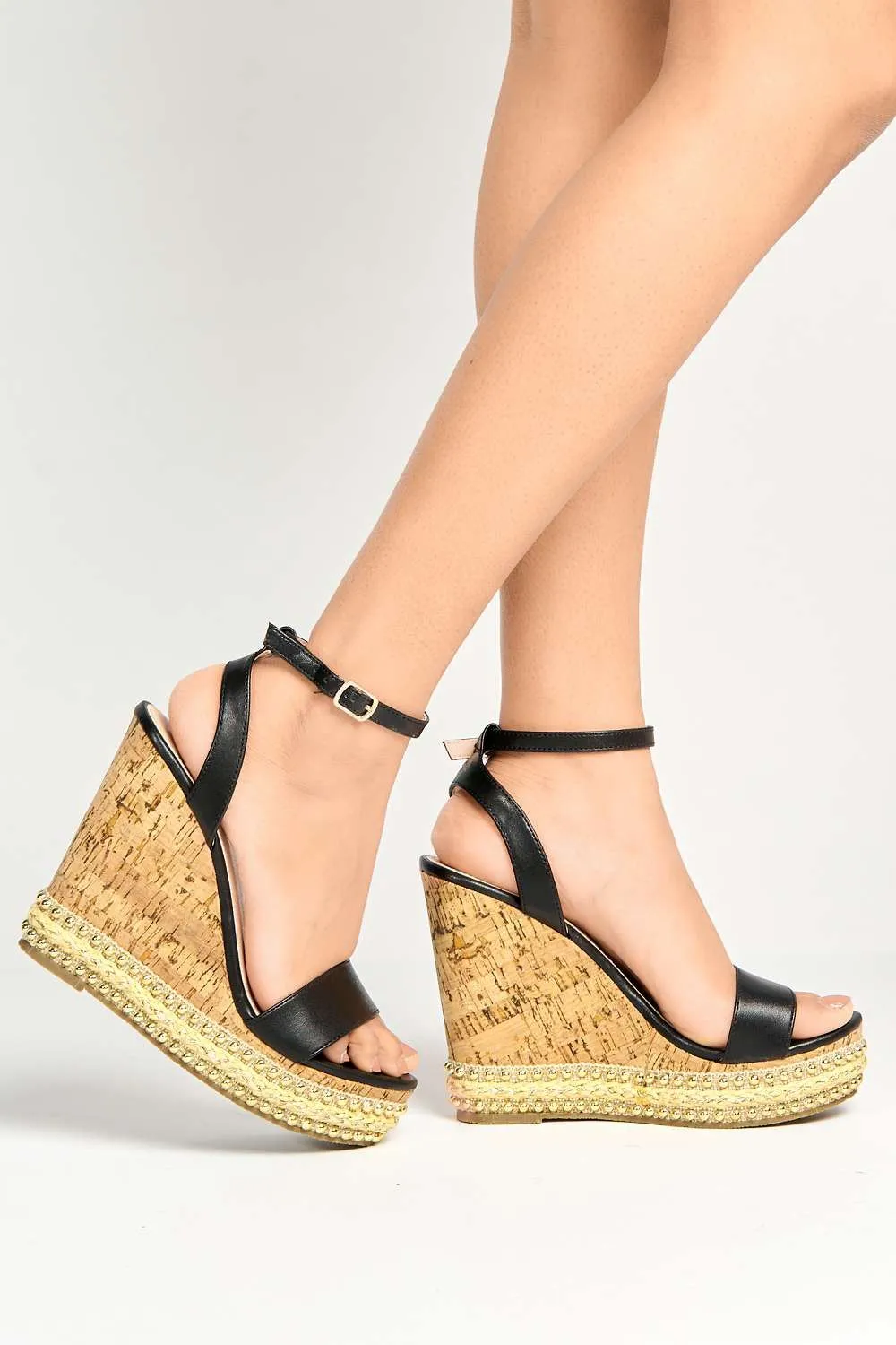 Junee Pearl Trim High Wedge Sandals in Black Matt