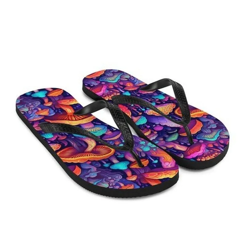 Magic Mushroom Flip Flops, Custom Unisex Summer Sandals, Durable Beach Shoes