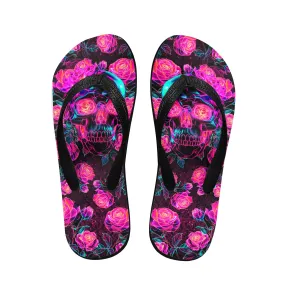 Neon Skull Rose Flip Flops for Women Beach