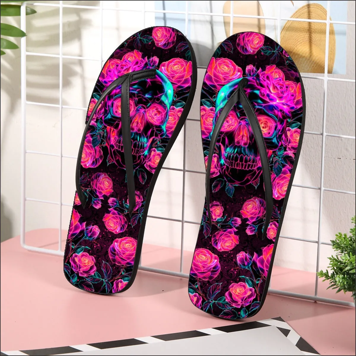 Neon Skull Rose Flip Flops for Women Beach