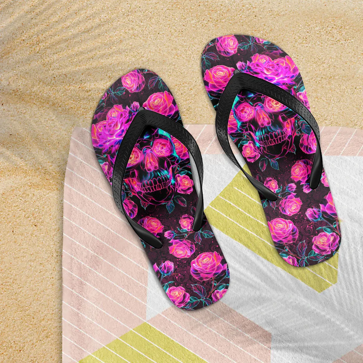 Neon Skull Rose Flip Flops for Women Beach