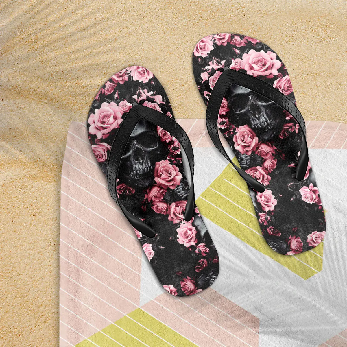 Pink Rose Skull Flip Flops for Women Beach