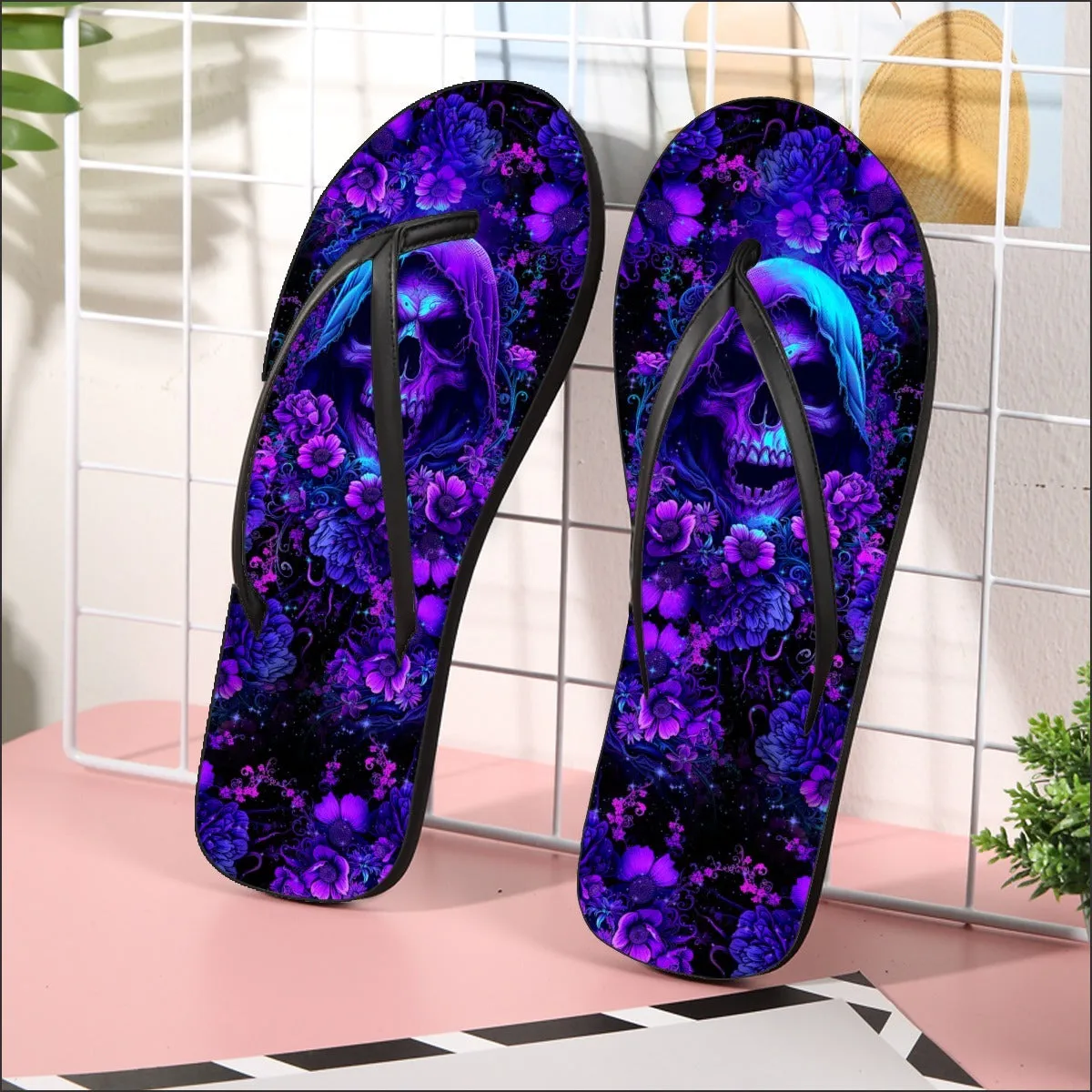 Purple Grim Reaper Floral Flip Flops for Women Beach