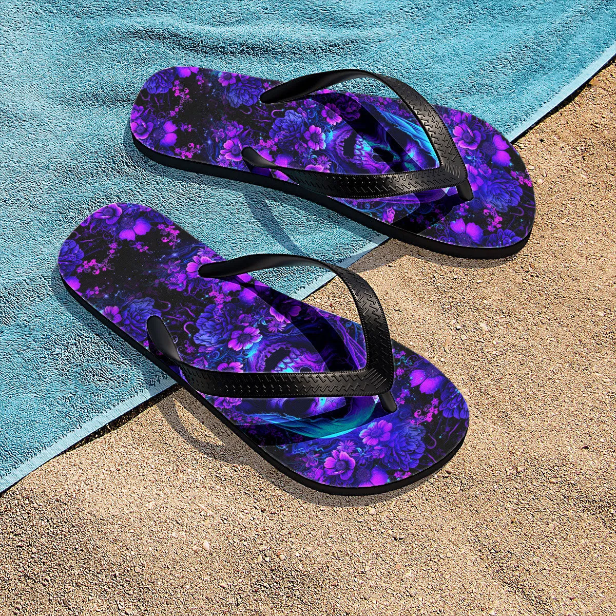 Purple Grim Reaper Floral Flip Flops for Women Beach