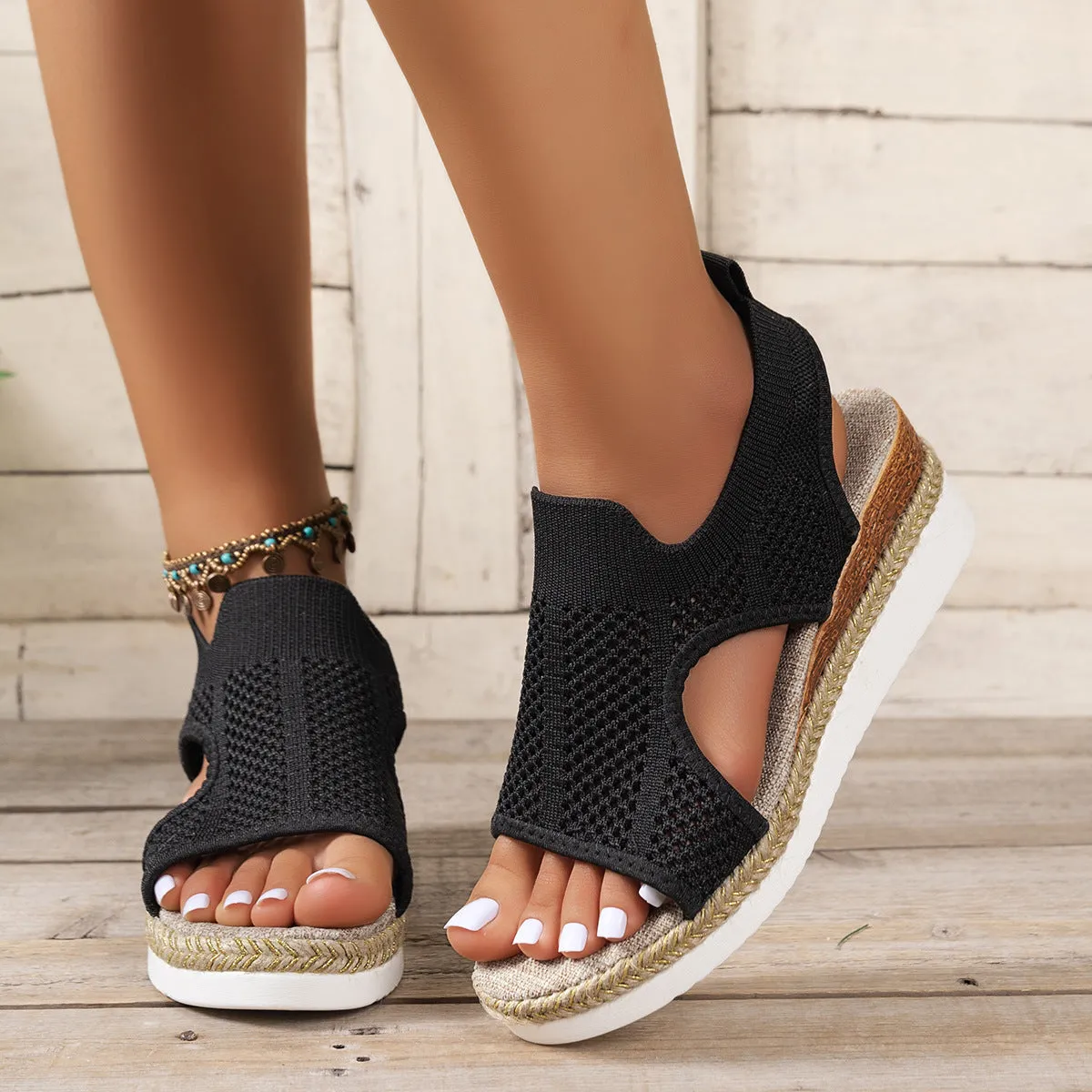 Woven Mesh Hollow Wedges Platform Sandals