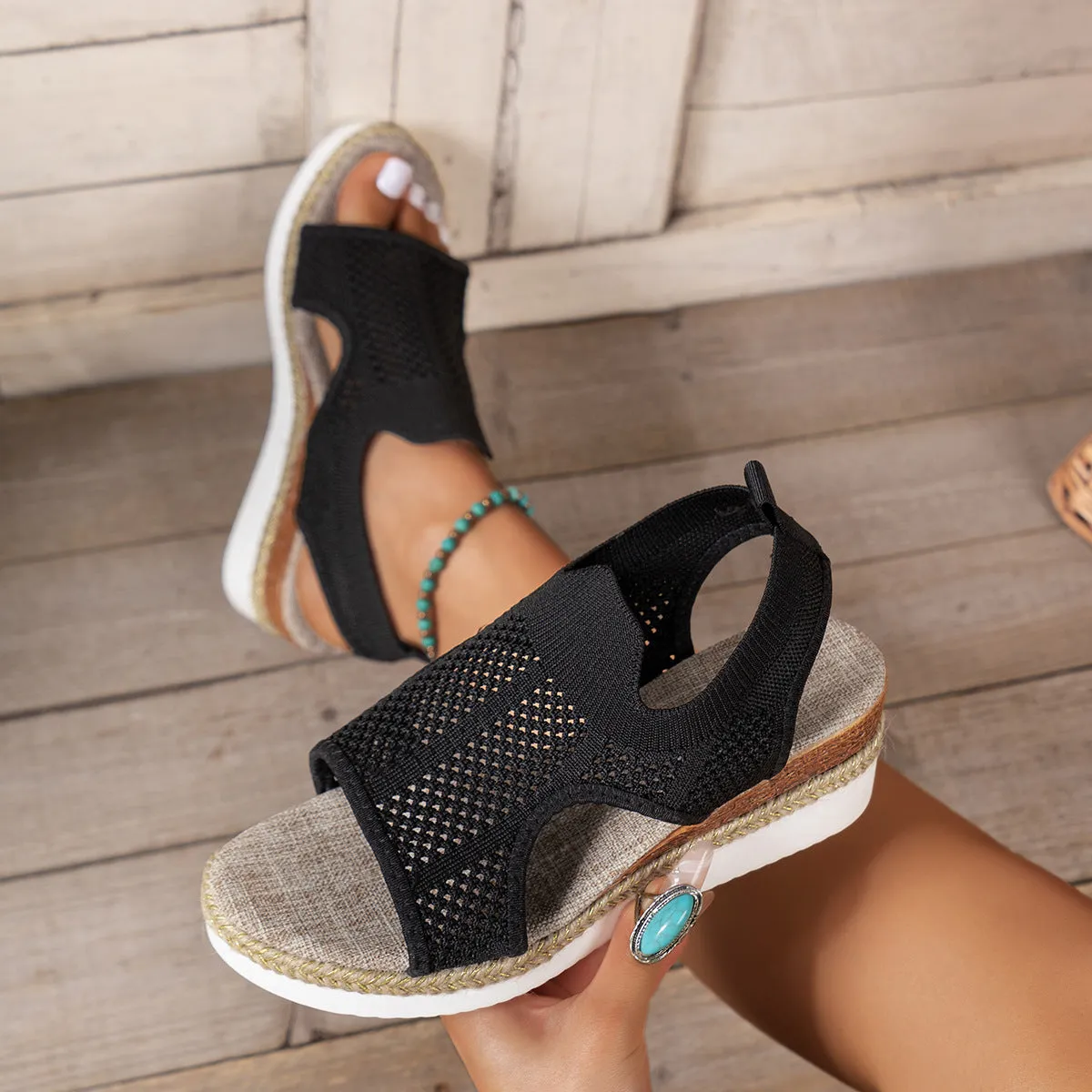 Woven Mesh Hollow Wedges Platform Sandals