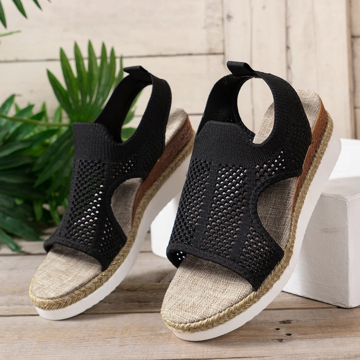 Woven Mesh Hollow Wedges Platform Sandals